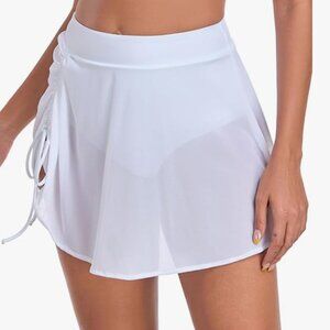 High Waisted Mesh Swim Skirt with Ruched Side and Built-in Bikini Briefs